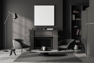 İçinde iki koltuk, sehpa ve rafında kitaplar ve dekorasyon olan bir şömine olan karanlık bir oturma odası. Boş kare posteri yap. 3B görüntüleme