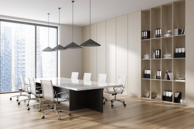 İçi pano ve koltuklu, yan manzaralı bej ofis odası. Evrakları ve klasörleri olan raflar, gökdelenlerin panoramik pencereleri. 3B görüntüleme