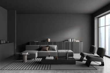 Karanlık toplantı odasının içinde kanepe ve koltuklar, dekorasyonlu çekmece, gri beton zeminde halı. Gökdelenlerin panoramik penceresi. Model Kopyalama Boşluk Duvarı, 3B oluşturma