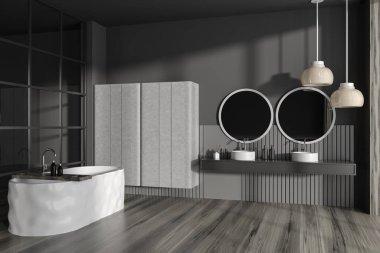 Koyu banyo içi, çift lavabo ve ahşap zemin üzerinde küvet, yan görüş. Aksesuar ve lambalarla dolu bir banyo alanı. 3B görüntüleme