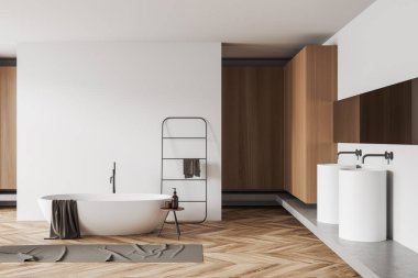 Küvetli beyaz banyo ve aynalı çift lavabo, ahşap zeminde havlu korkuluğu. Minimalist otel banyo alanı. Fotokopi alanı. 3B görüntüleme