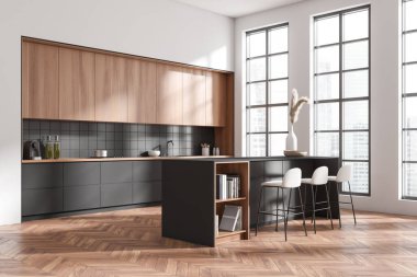 Karanlık mutfak odasının iç tarafında dolap, panoramik pencere, bar taburesi, beyaz duvar, meşe ağacından ahşap zemin, lavabo, kahve makinesi olan bir ada. Minimalist tasarım kavramı. 3d oluşturma