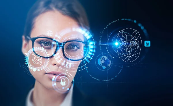 stock image Serious businesswoman portrait in eyeglasses, digital biometric scanning hologram hud, face detection and recognition. Concept of artificial intelligence