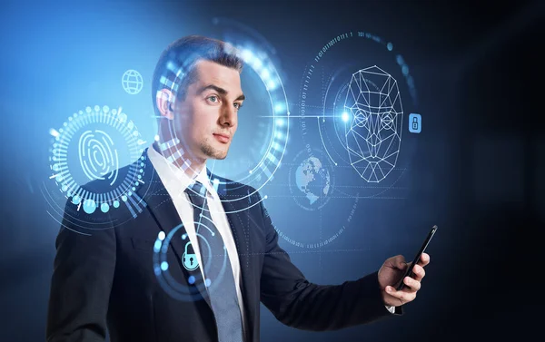 Businessman Smartphone Hand Smiling Portrait Digital Biometric Scanning Hologram Hud — Stock Photo, Image
