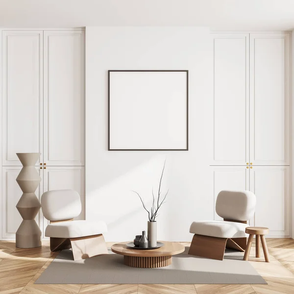 Biały Salon Wnętrza Dwa Fotele Stolik Kawowy Minimalistycznym Wystrojem Dywanie — Zdjęcie stockowe