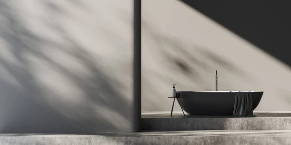 アクセサリー グレーのコンクリートの表彰台とバスタブとスツールと暗いバスルームのインテリア 抽象的な影とミニマリストの入浴エリア モックアップコピースペース 3Dレンダリング — ストック写真