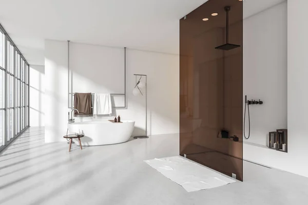 Vista Canto Interior Banheiro Brilhante Com Chuveiro Banheira Janela Panorâmica — Fotografia de Stock