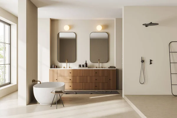 Frontansicht Auf Helle Badezimmereinrichtung Mit Zwei Spiegeln Waschbecken Dusche Badewanne — Stockfoto