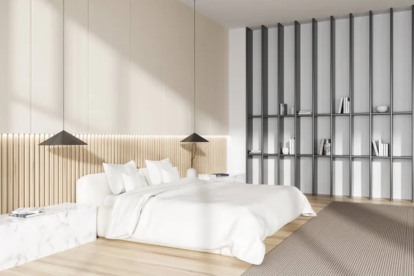 Μοντέρνο Υπνοδωμάτιο Εσωτερικό Κρεβάτι Και Μαρμάρινο Κομοδίνο Πλαϊνή Θέα Μινιμαλιστικό — Φωτογραφία Αρχείου