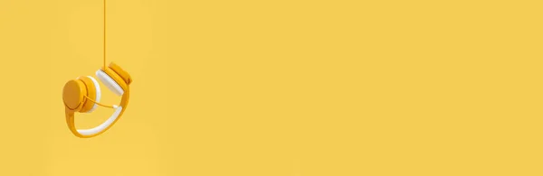 Banner Longo Com Fones Ouvido Amarelos Pendurados Fio Espaço Cópia — Fotografia de Stock