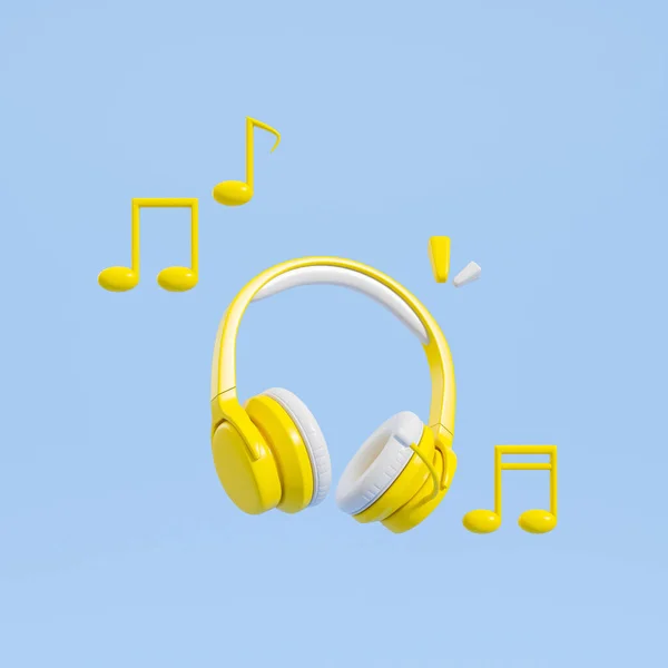 stock image Yellow headphones, musical notes on blue background. Concept of music online. 3D rendering