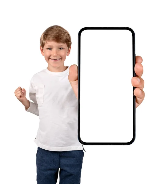 Çocuk Yumruğunu Kaldırmış Elinde Akıllı Bir Telefon Beyaz Arka Planda — Stok fotoğraf