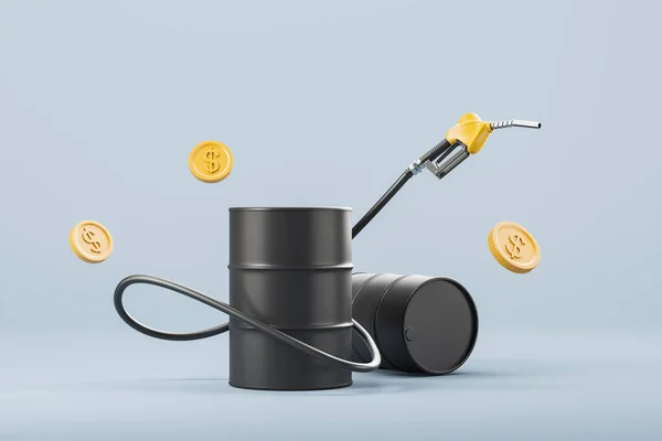 Black oil barrel and yellow gasoline pistol, floating dollar coins on blue background. Concept of fuel and petrol. 3D rendering