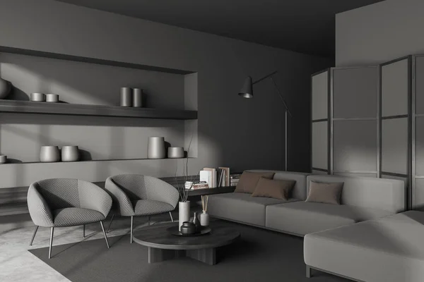 角落景观黑暗的客厅内部与沙发 扶手椅 架子与陶器 灰色墙壁 水泥地面 简约设计的概念 现代艺术 3D渲染 — 图库照片