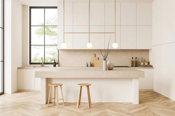 Beige Kitchen Interior Bar Stool Island Hardwood Floor Kitchenware Stylish — Stock Photo, Image