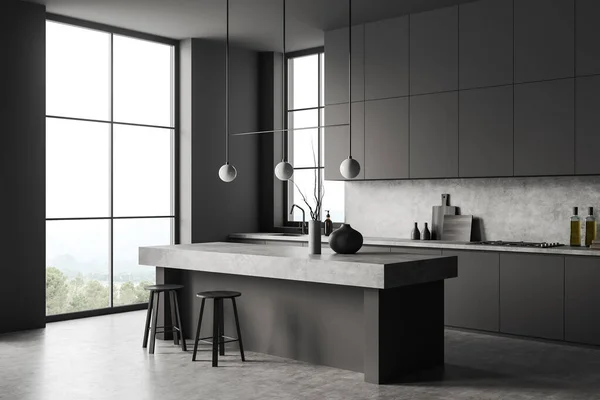 Dunkles Kücheninterieur Mit Barhocker Und Arbeitsplatte Seitenansicht Auf Grauem Betonboden — Stockfoto