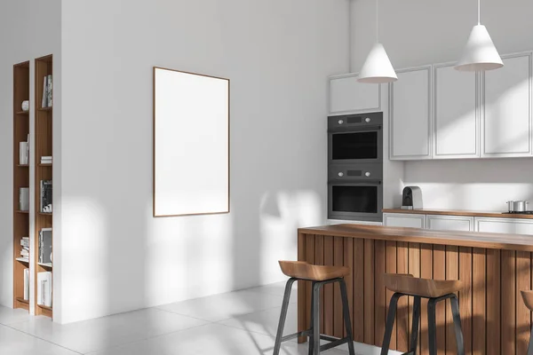 Vista Canto Interior Sala Cozinha Brilhante Com Cartaz Vazio Armário — Fotografia de Stock