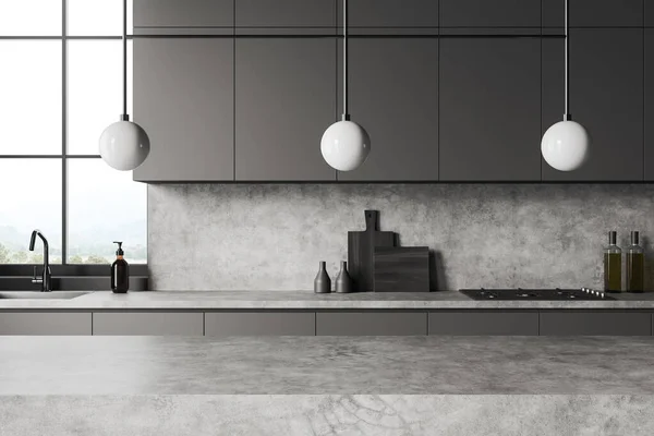 Interior Cozinha Escura Com Deck Ilha Pedra Utensílios Cozinha Pia — Fotografia de Stock