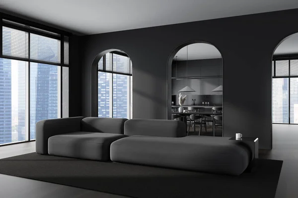 Dunkles Studio Interieur Mit Ruhebereich Mit Sofa Auf Teppich Essecke — Stockfoto