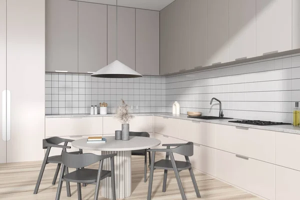 Beige Keuken Interieur Met Stoelen Eettafel Zijaanzicht Hardhouten Vloer Planken — Stockfoto