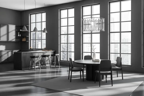Interior Cozinha Escura Com Mesa Jantar Cadeiras Vista Lateral Área — Fotografia de Stock