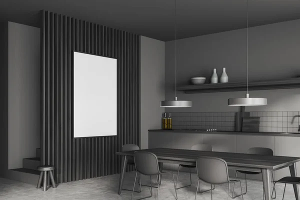 Interior Cozinha Escura Com Cadeiras Mesa Jantar Vista Lateral Piso — Fotografia de Stock