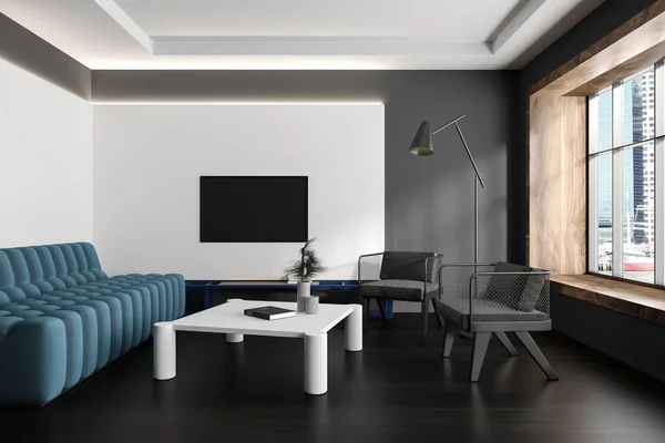 黑暗的客厅内部 沙发和两个扶手椅 电视屏幕和咖啡桌与最低限度的装饰 纽约摩天大楼的全景窗户 3D渲染 — 图库照片