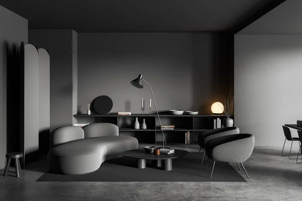 Interior Escuro Sala Reuniões Com Sofá Duas Poltronas Mesa Café — Fotografia de Stock