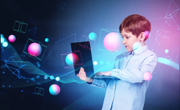 Child Boy Using Laptop Double Exposure Digital Hologram Spheres Blocks — Stock Photo, Image
