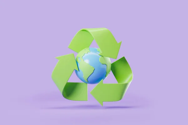 Earth sphere with green recycle symbol on purple background. Concept of save nature. 3D rendering
