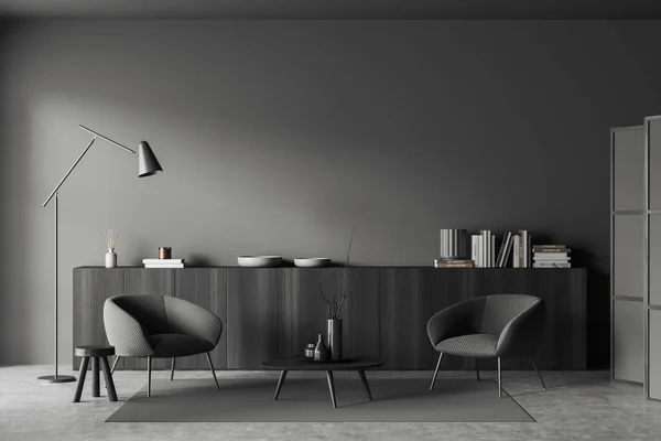 黑暗的客厅内部有两个扶手椅 凳子和梳妆台与艺术装饰 灯和地毯灰色混凝土地板 模拟复制空间墙 3D渲染 — 图库照片