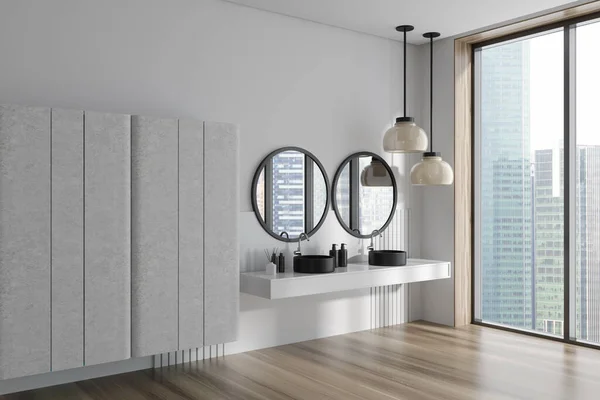 Luxe Badkamer Interieur Met Dubbele Wastafel Plank Zijaanzicht Badhoek Met — Stockfoto