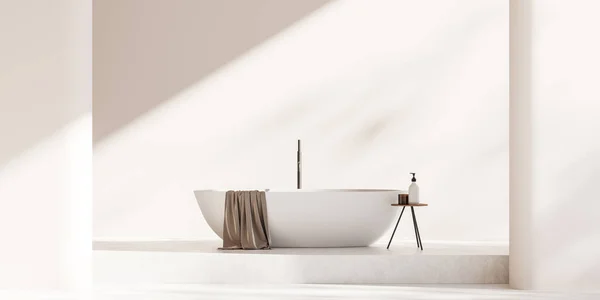 白色浴室内部与浴缸和凳子与配件 轻混凝土讲台 带有抽象阴影的现代浴场 复制空间 3D渲染 — 图库照片