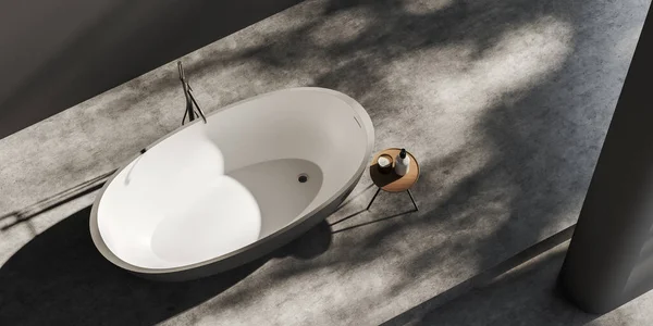 黑暗浴室内部的顶部视图与浴缸和凳子与配件 灰色混凝土地板 带有抽象阴影的现代浴场 3D渲染 — 图库照片