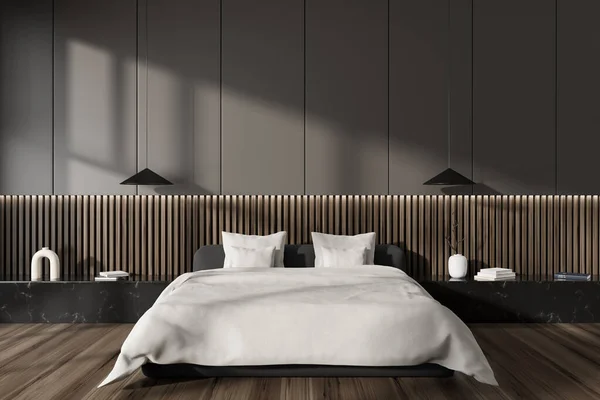 大理石のスタンド 堅木の床にベッドとスタイリッシュな装飾が施された暗い寝室のインテリア バックライトとランプ付きの睡眠エリア 3Dレンダリング — ストック写真