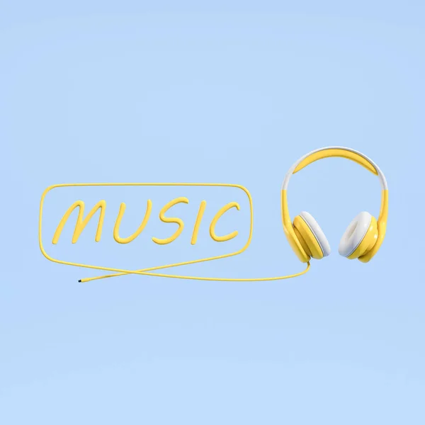 Yellow Headphones Music Lettering Wire Blue Background Concept Songs Playlist — Stock Photo, Image