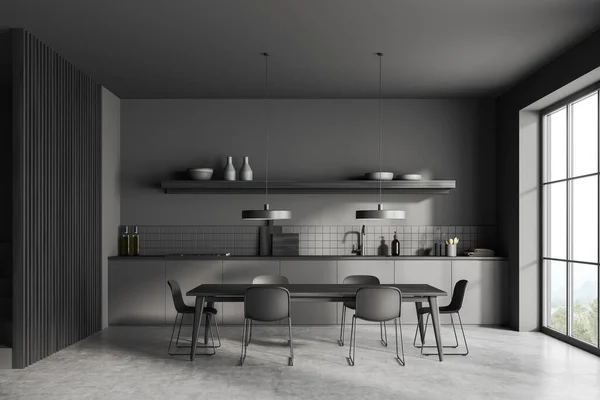 Vista Frontal Interior Habitación Cocina Oscura Con Armario Ventana Panorámica — Foto de Stock