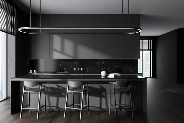 Interior Cozinha Escura Com Bar Ilha Cadeiras Chão Madeira Design — Fotografia de Stock
