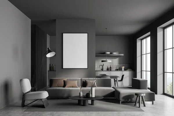 Dark Studio Interior Sofa Dining Table Chairs Carpet Grey Concrete — Stock Photo, Image