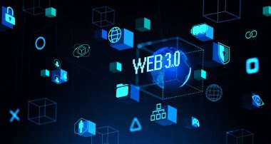 Web 3.0 parlayan hologram hud, engelleme zinciri ve yapay zeka. Güvenlik ve küresel bağlantısı olan çeşitli IOT simgeleri. Fütürist teknoloji ve metaevren kavramı. 3B resimleme