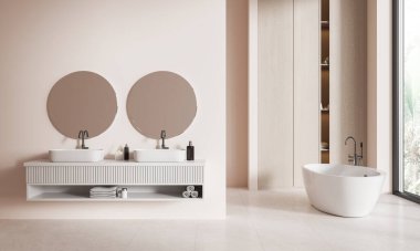 Çift lavabo ve küvetli şık bir otel banyosu, aksesuarlı uzun ahşap bir raf. Modern sıcak banyo alanı ve tropik bölgelerde panoramik pencere. 3B görüntüleme