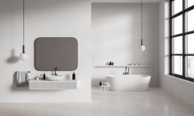 Modern banyo, beyaz duvarlar, fayanslı zemin, büyük aynalı rahat lavabo ve arka planda rahat beyaz küvet. Şehir manzaralı bir pencere. 3d oluşturma