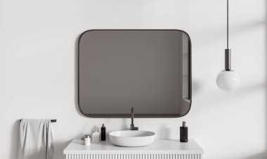 Lavabo ve dikdörtgen aynalı modern banyo, minimalist banyo lavabosu ve otel banyo aksesuarları, sazlı sabun şişesi, raylı havlu ve lamba. 3B görüntüleme