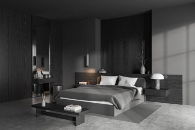 Gri yatak odası iç yatağı ve dekorasyonlu bank, yan manzara tuvalet masası, puf ve aksesuarlar. Gri beton zeminde modern tasarım ve halı ile rahat bir uyku köşesi. 3B görüntüleme