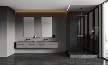 Gri modern banyo, çift lavabo, kibir, gri beton zeminde cam duş. Aksesuarlı banyo alanı. Gökdelenlerin panoramik penceresi. 3B görüntüleme