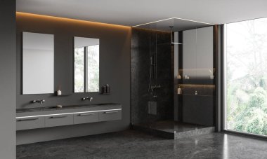 Gri duvarları olan şık banyonun köşesi, taş zemin, camdan duvarları olan rahat duş kabini, iki dikey aynalı çift lavabo ve tropikal manzaralı büyük pencere. 3d oluşturma