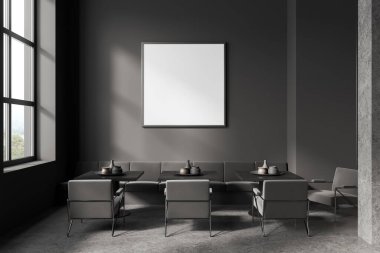 Kanepesi ve sıralı koltukları olan, panoramik pencereli karanlık bir kafe. Şık restoran buluşma yeri. Kare bir tuval posteri yap. 3B görüntüleme