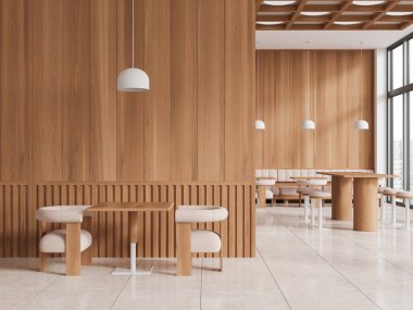 Beyaz ve ahşap duvarları, fayanslı zemini, yanında beyaz koltukları, koltukları ve tabureleri olan modern restoranın içi. 3d oluşturma