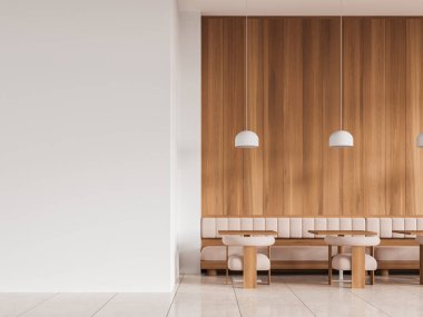 Şık bir restoran, koltukları ve sıralı bir masa, bej kiremit zemin. Kafe toplantısı ve yeme alanı minimalist tasarımı. Boş duvar bölmesini düzenle. 3B görüntüleme