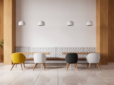 Renkli sandalyeleri, ahşap masası, bej beton zemini olan şık bir restoran. Samimi yemek masasındaki kanepe ve minimalist mobilyalarla dolu bir yer. 3B görüntüleme